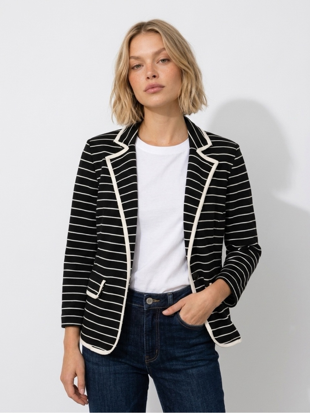 new directions Black & White Striped Knit Blazer with Contrast Trim
